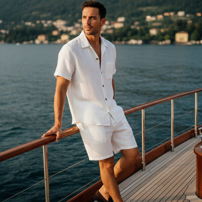 Mens White Linen Shorts and Shirt Set - White - Angled Shot