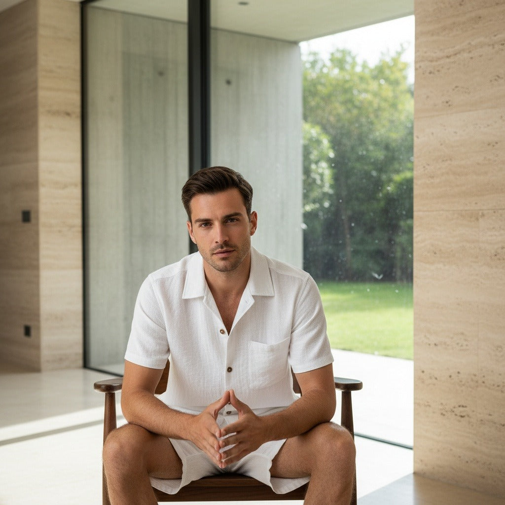 Mens White Linen Shorts and Shirt Set - White - Side Profile