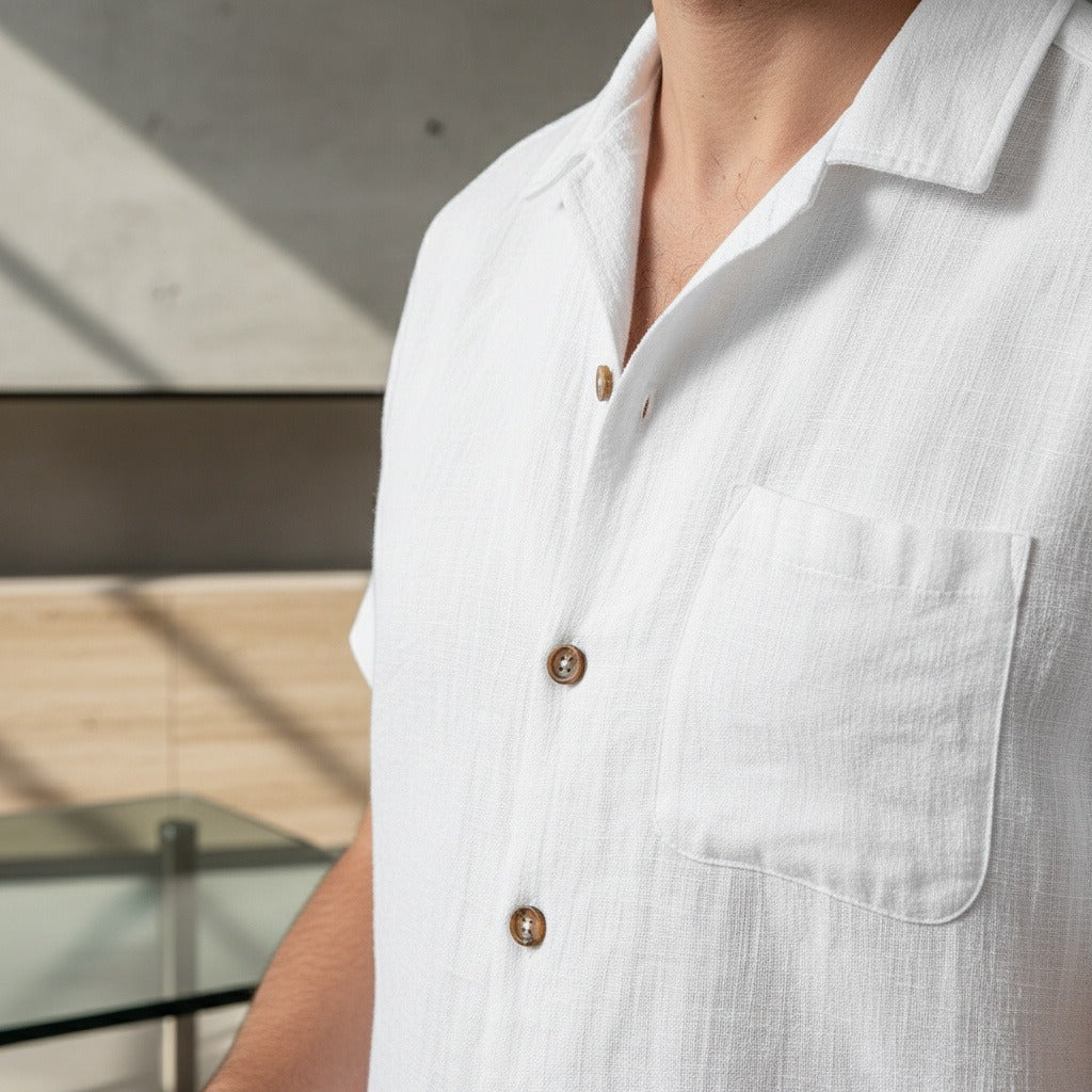 Mens White Linen Shorts and Shirt Set - White - Back View