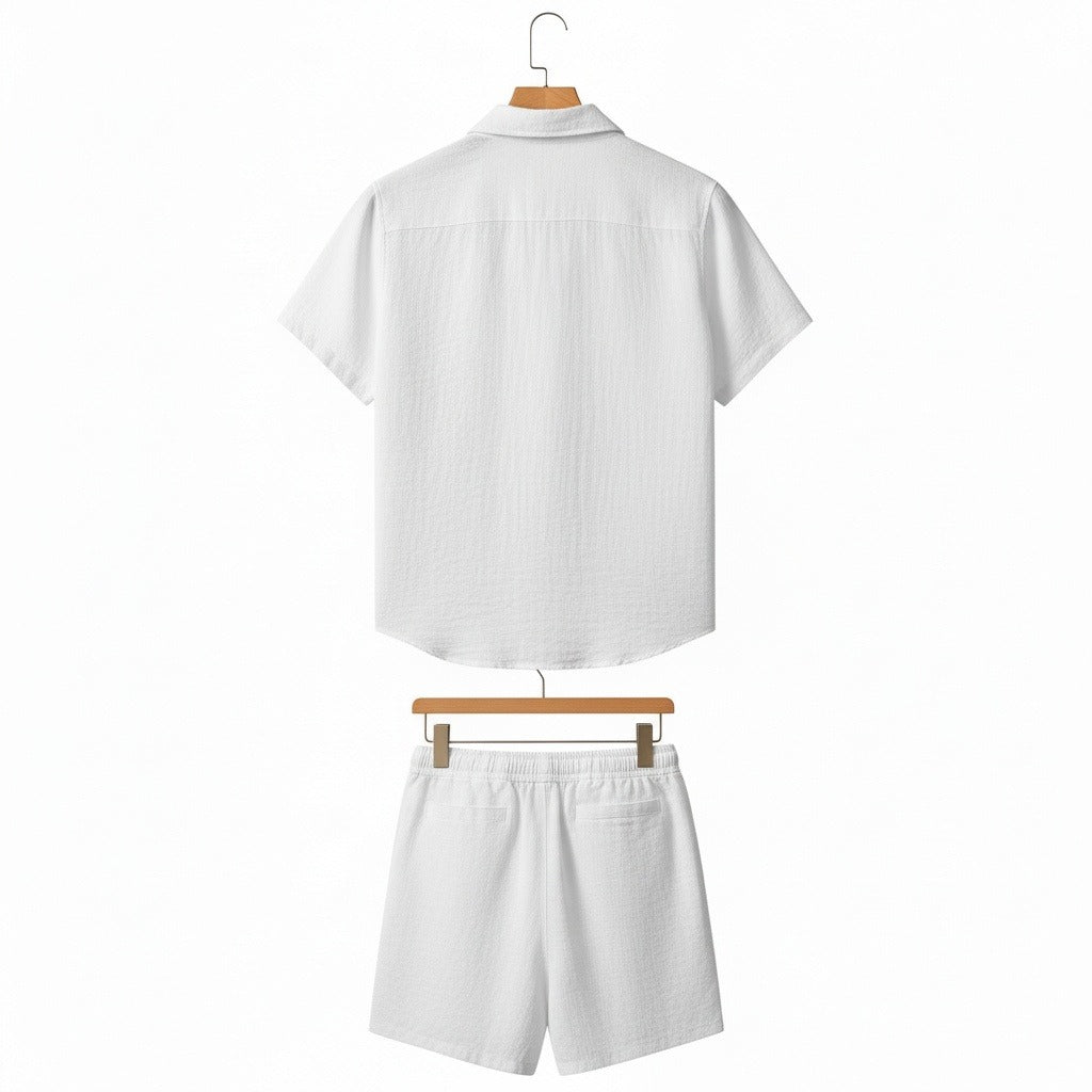 Mens White Linen Shorts and Shirt Set - White - Fabric Detail