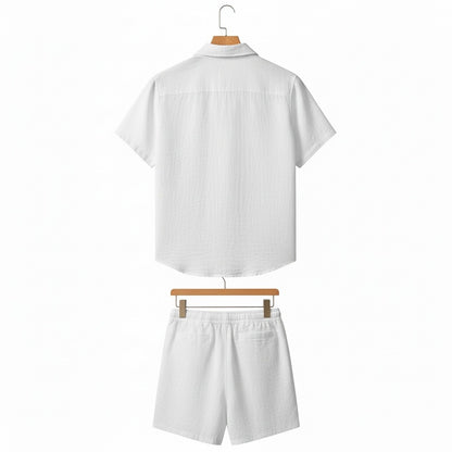 Mens White Linen Shorts and Shirt Set - White - Fabric Detail
