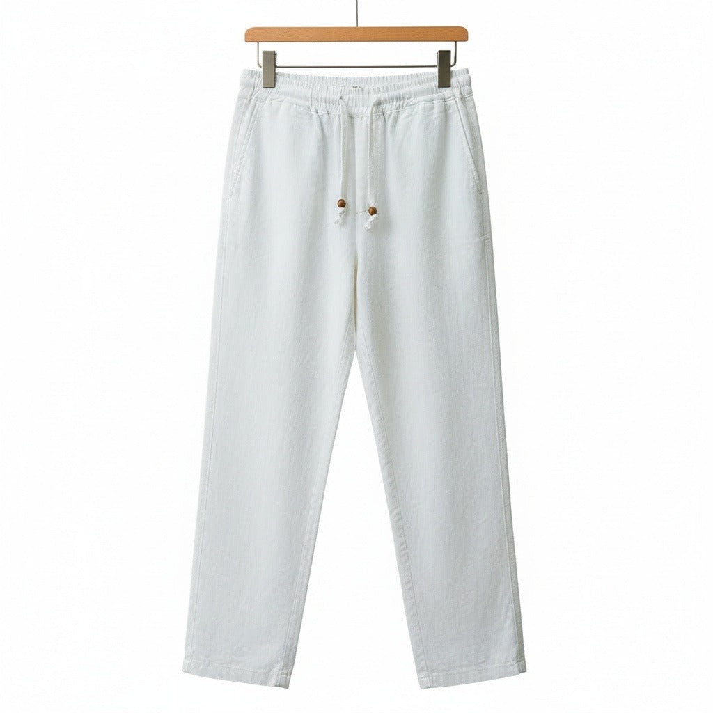 Mens White Linen Trousers - White - Front View