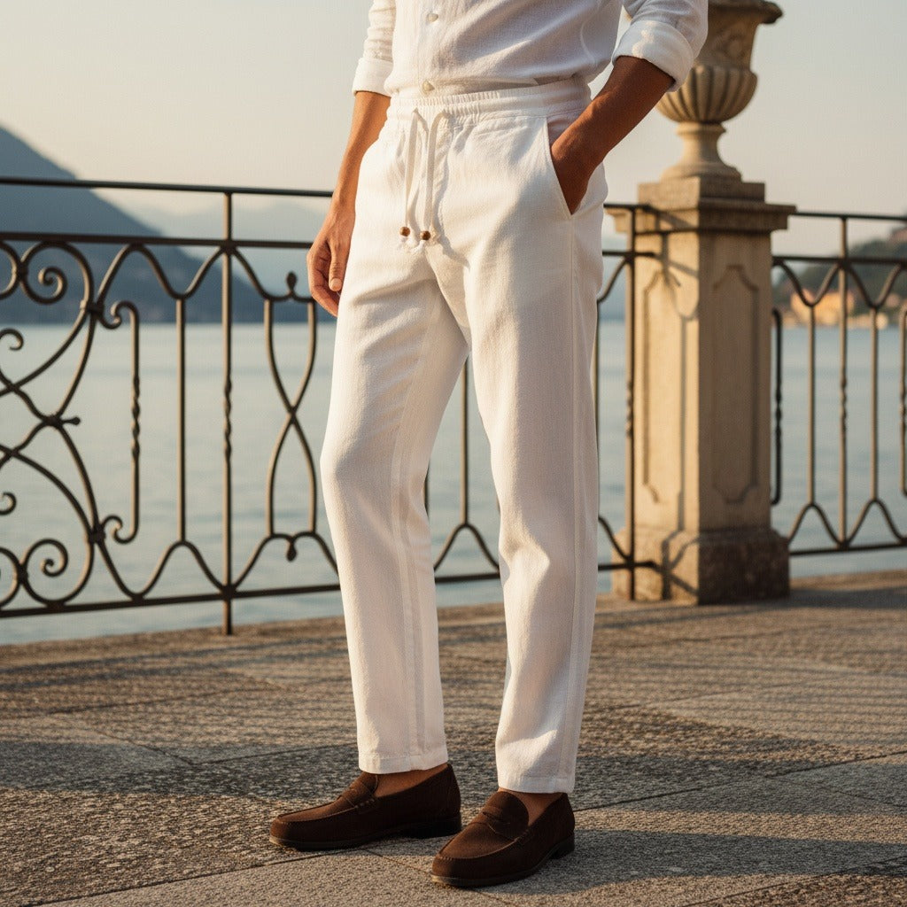 Mens White Linen Trousers - White - Angled Shot