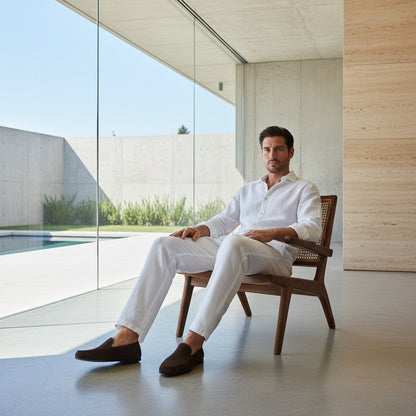 Mens White Linen Trousers - White - Side Profile