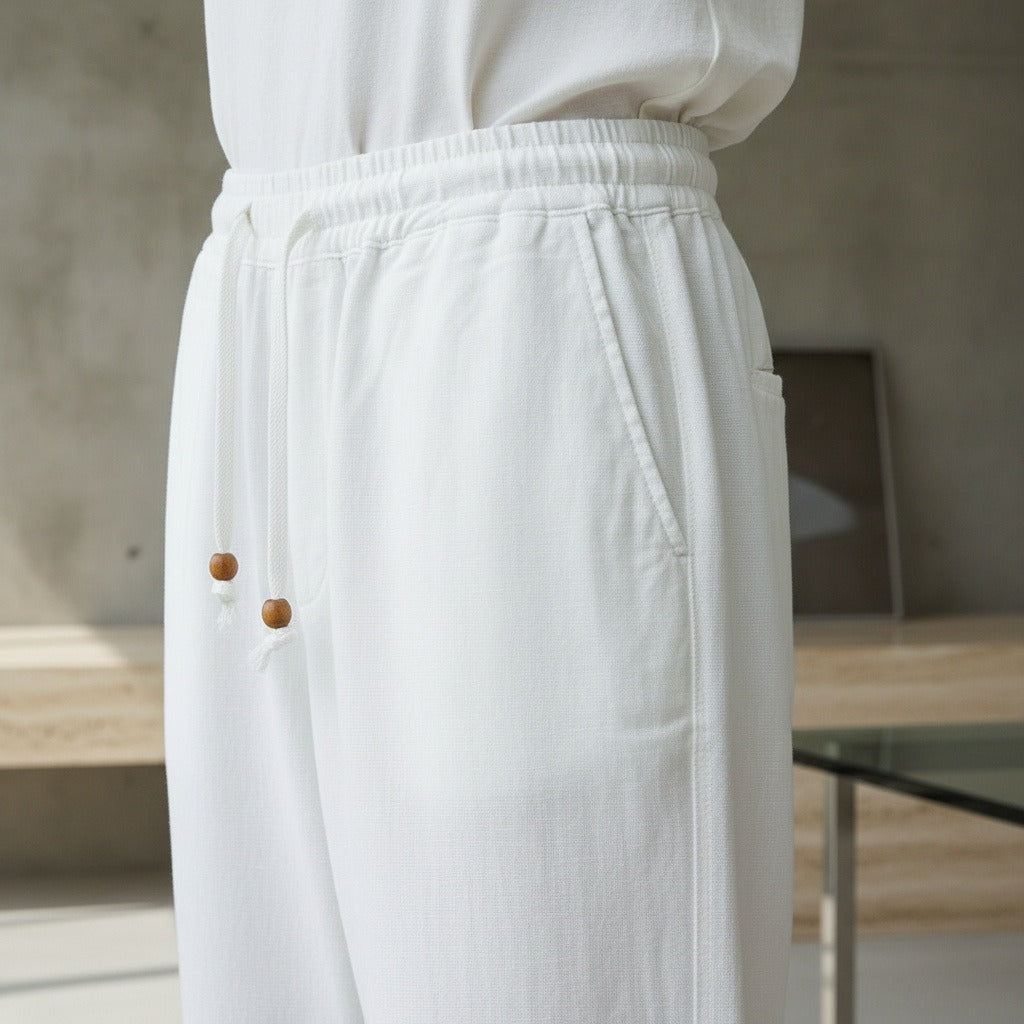 Mens White Linen Trousers - White - Back View