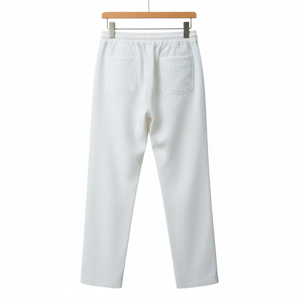 Mens White Linen Trousers - White - Fabric Detail