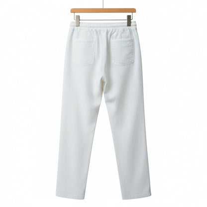 Mens White Linen Trousers - White - Fabric Detail