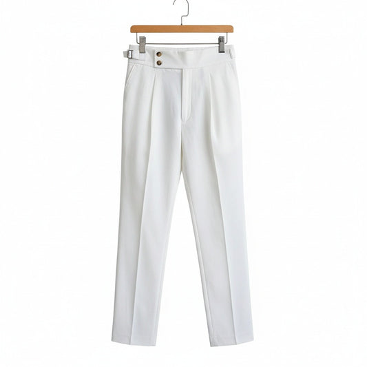 Mens White Pleated Trousers - White - Front View