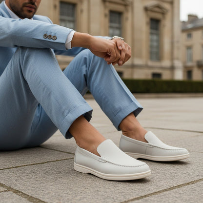 Mens White Suede Loafers - White - Angled Shot
