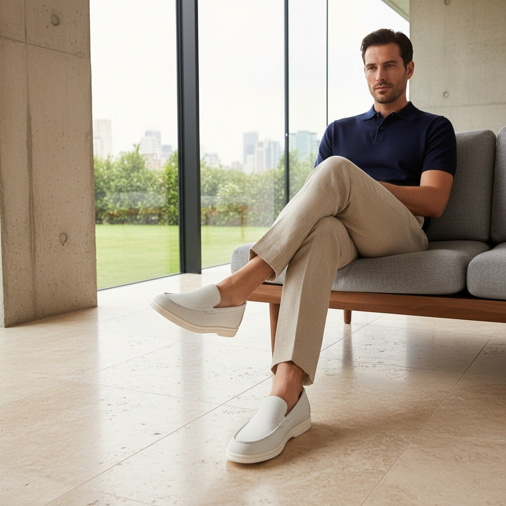 Mens White Suede Loafers - White - Side Profile