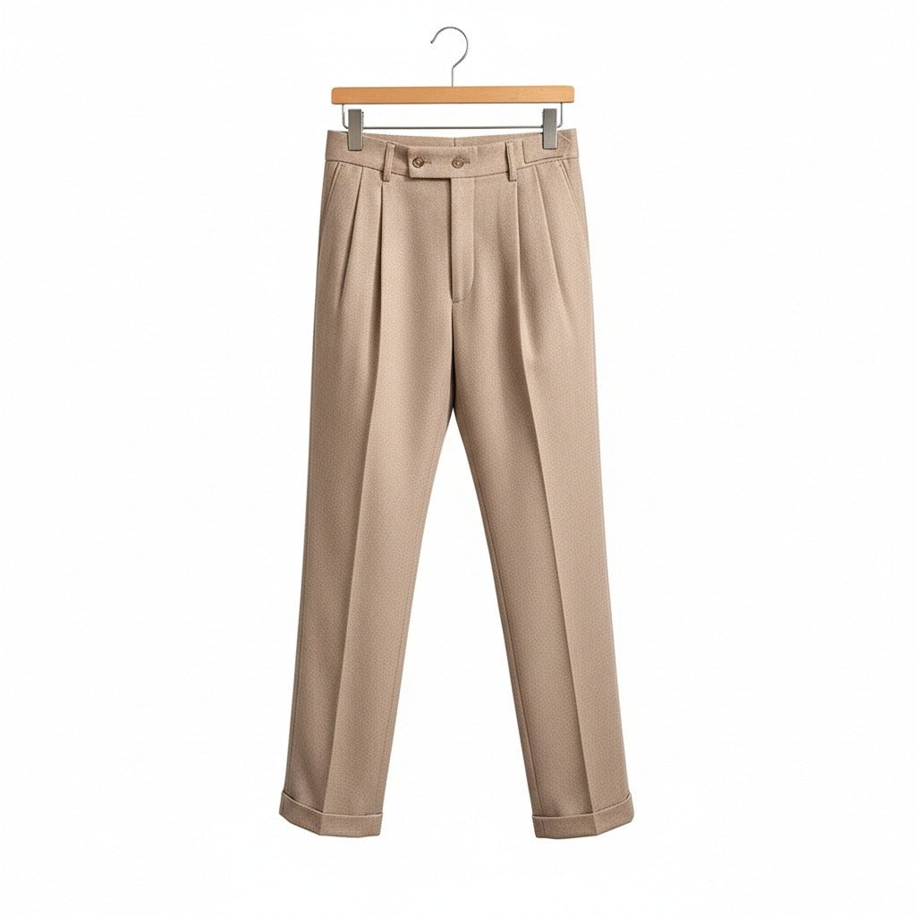 Mens Wool Suit Trousers - Khaki - Front View