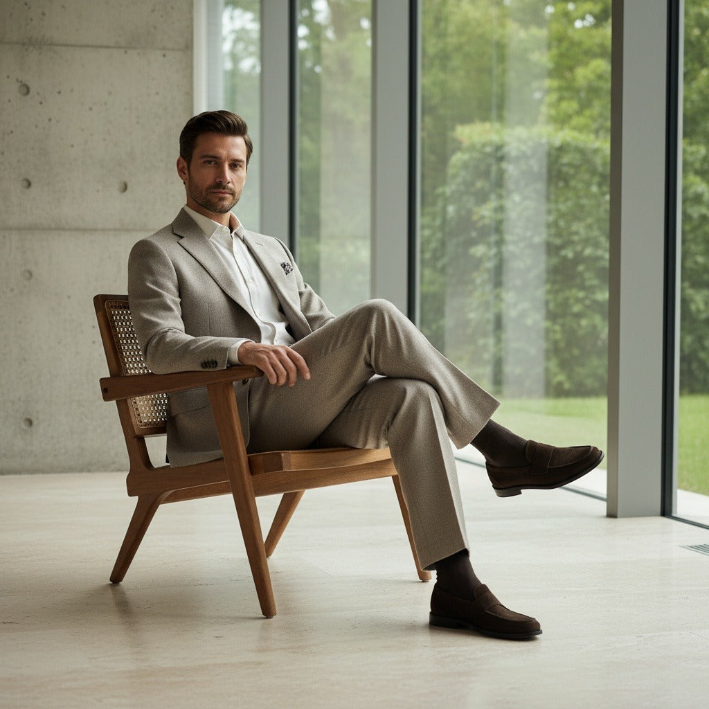 Mens Wool Suit Trousers - Taupe - Side Profile