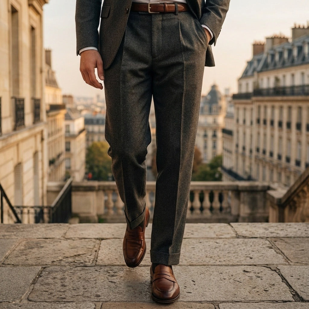 Mens Wool Suit Trousers - Charcoal - Angled Shot