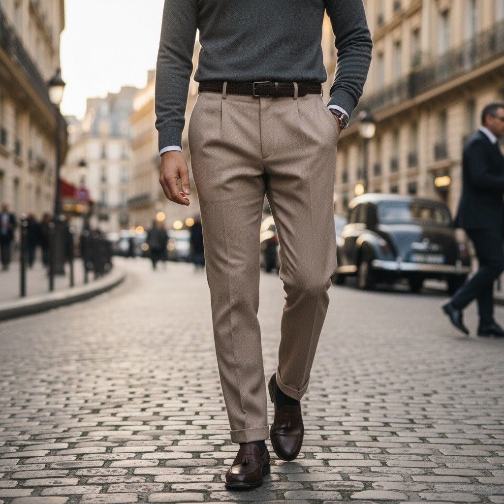 Mens Wool Suit Trousers - Khaki - Angled Shot