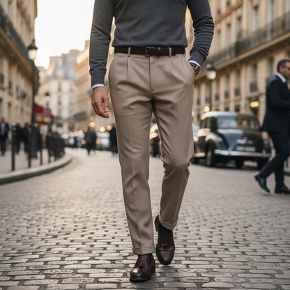 Mens Wool Suit Trousers - Khaki - Angled Shot