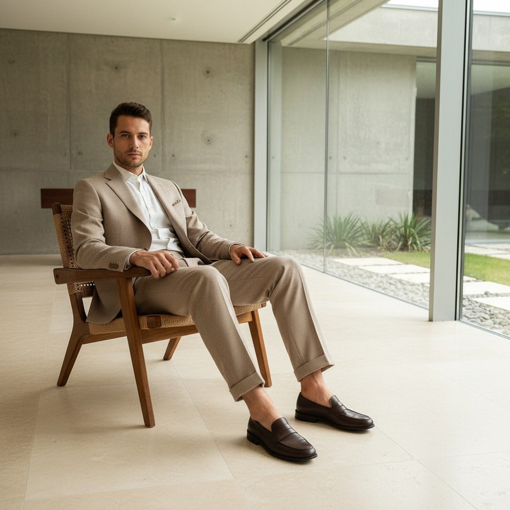 Mens Wool Suit Trousers - Khaki - Side Profile