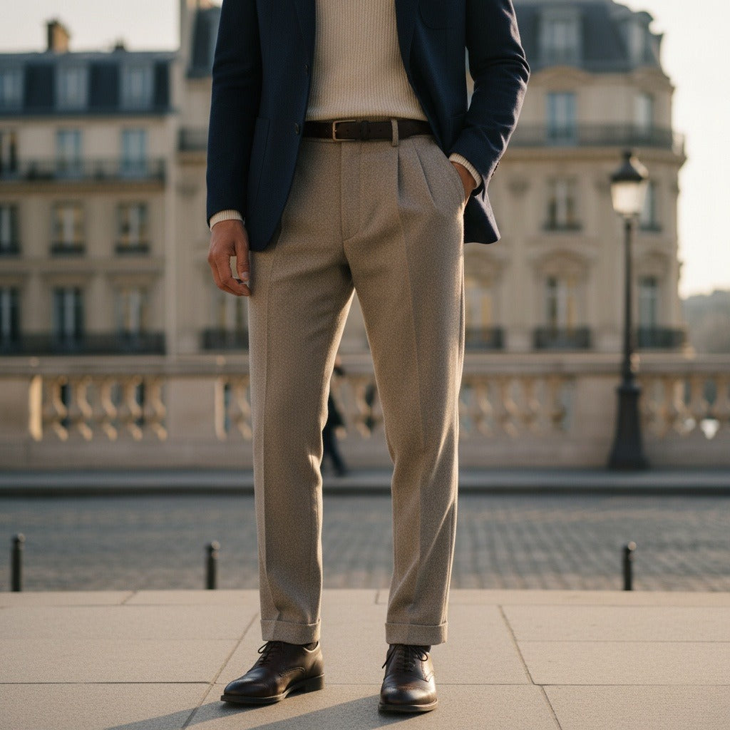 Mens Wool Suit Trousers - Taupe - Angled Shot