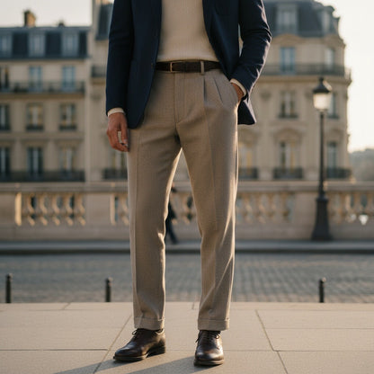 Mens Wool Suit Trousers - Taupe - Angled Shot