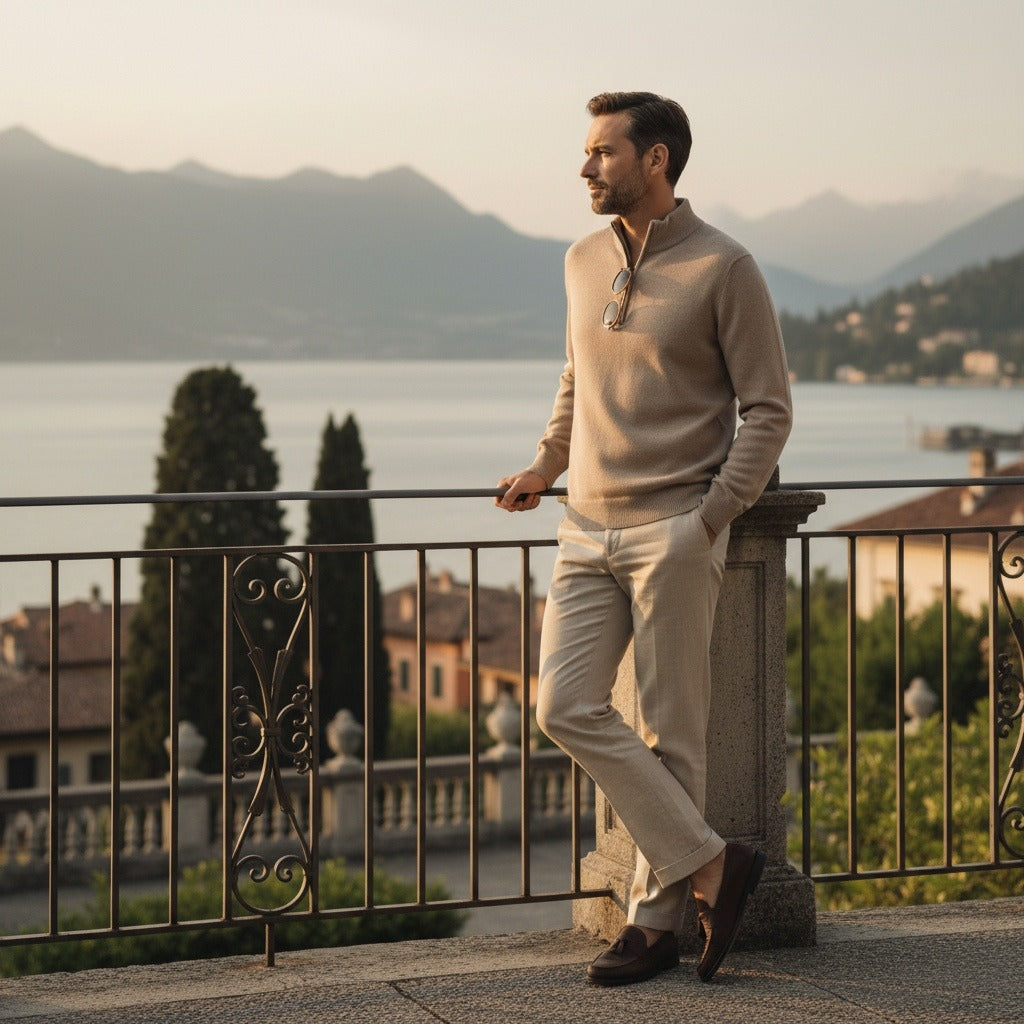 Merino Wool Sweater Mens - Sandstone Tan - Angled Shot