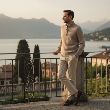 Merino Wool Sweater Mens - Sandstone Tan - Angled Shot