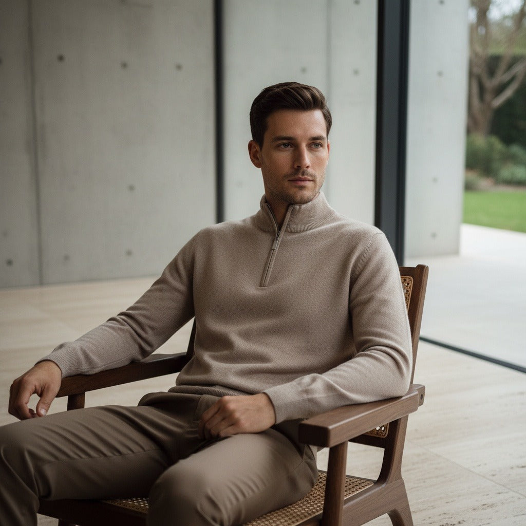 Merino Wool Sweater Mens - Sandstone Tan - Side Profile