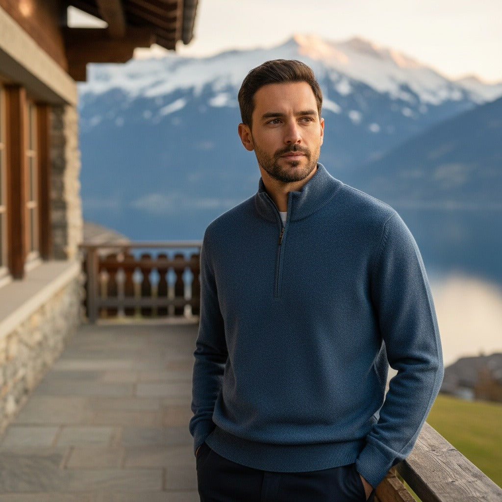 Merino Wool Sweater Mens - Denim Blue - Angled Shot