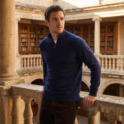 Merino Wool Sweater Mens - Navy Blue - Angled Shot