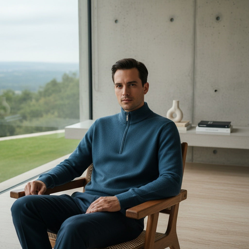Merino Wool Sweater Mens - Denim Blue - Side Profile