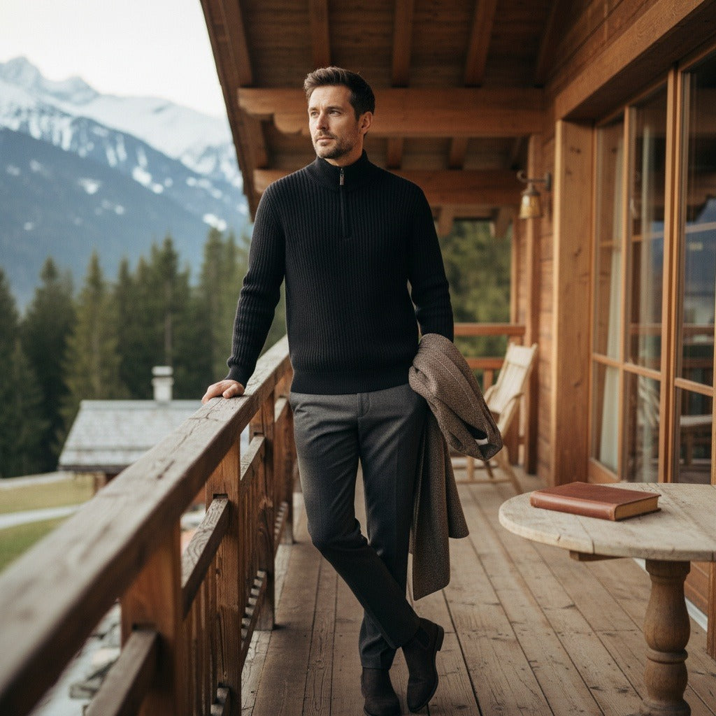 Merino Wool Sweater Mens - Jet Black - Angled Shot