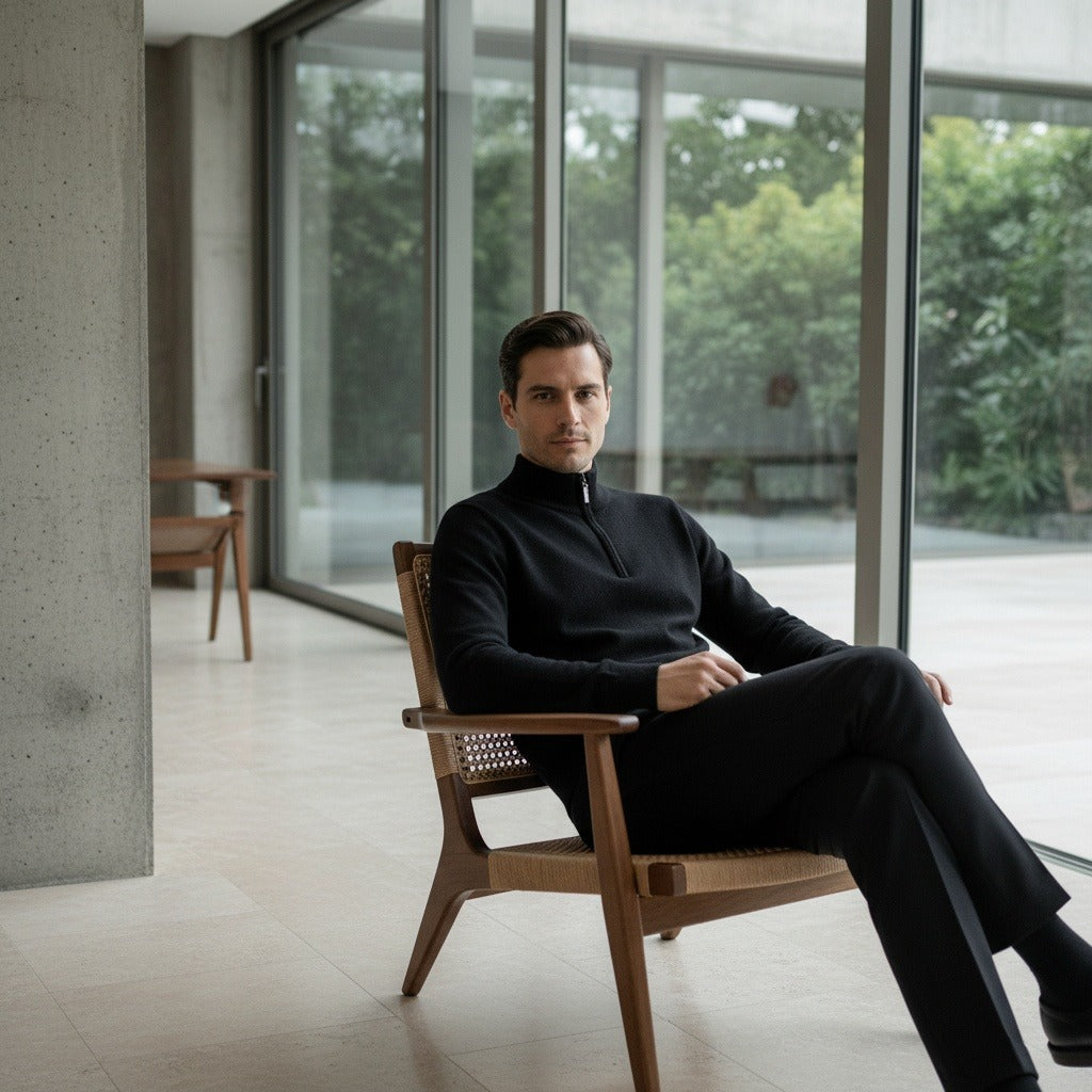 Merino Wool Sweater Mens - Jet Black - Side Profile