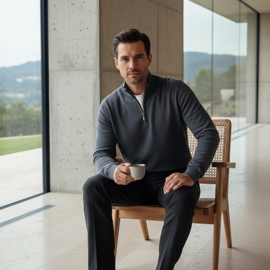Merino Wool Sweater Mens - Charcoal Gray - Side Profile