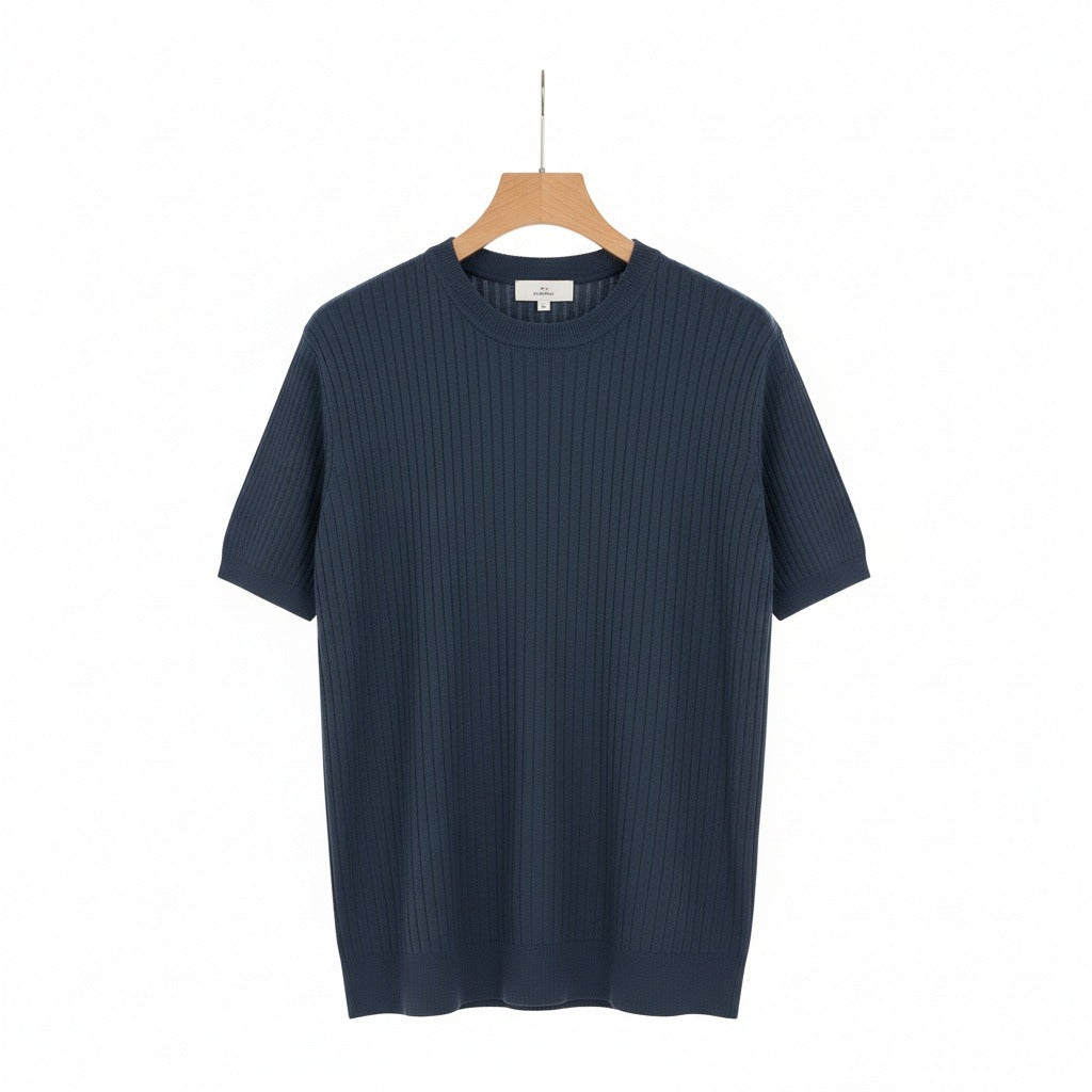 Navy Blue Ribbed T Shirt - Navy Blue - Front View