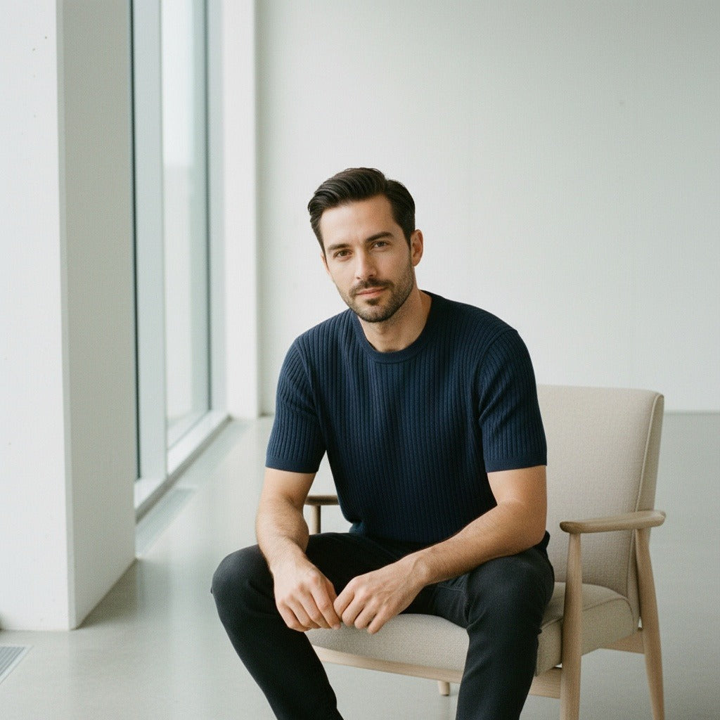 Navy Blue Ribbed T Shirt - Navy Blue - Side Profile