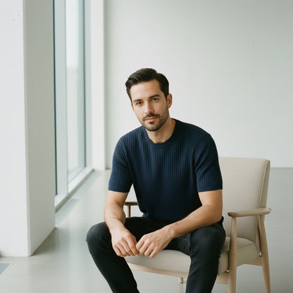 Navy Blue Ribbed T Shirt - Navy Blue - Side Profile