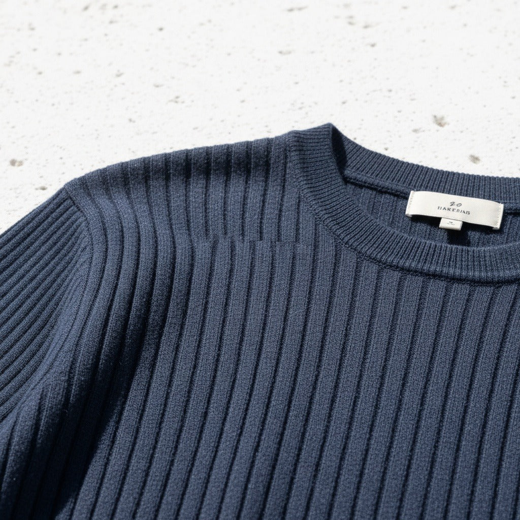 Navy Blue Ribbed T Shirt - Navy Blue - Back View