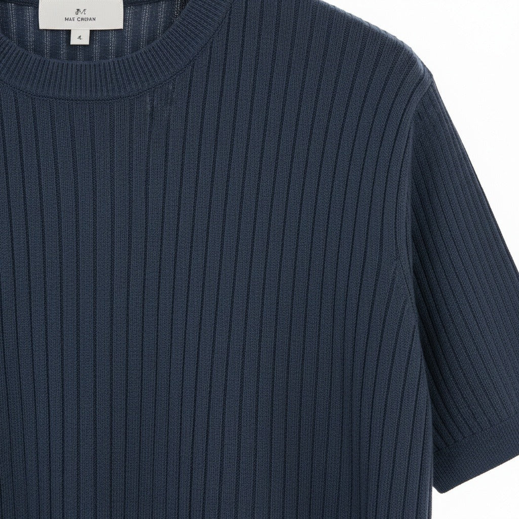 Navy Blue Ribbed T Shirt - Navy Blue - Texture Close Up