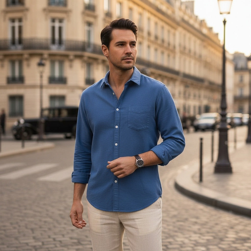 Navy Cotton Shirt - Navy - Angled Shot