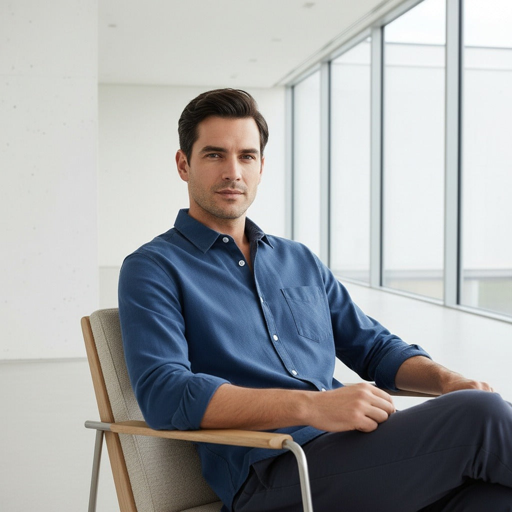 Navy Cotton Shirt - Navy - Side Profile