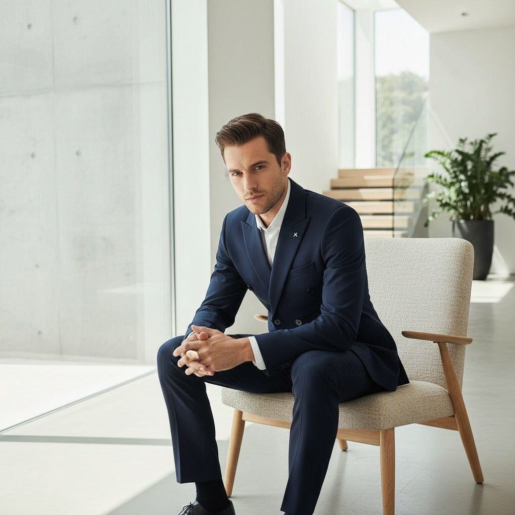 Navy Double Breasted Suit - Navy - Side Profile