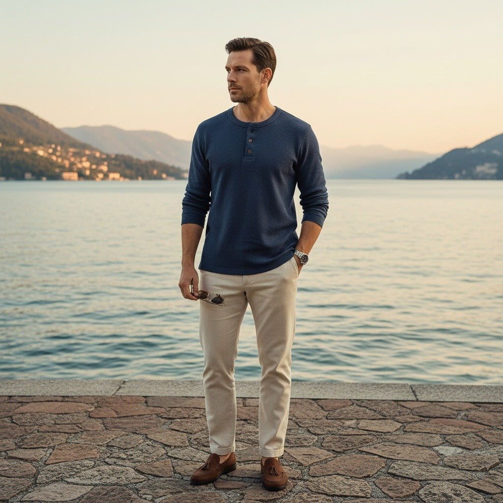 Navy Henley T Shirt - Navy - Angled Shot