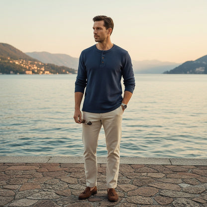 Navy Henley T Shirt - Navy - Angled Shot