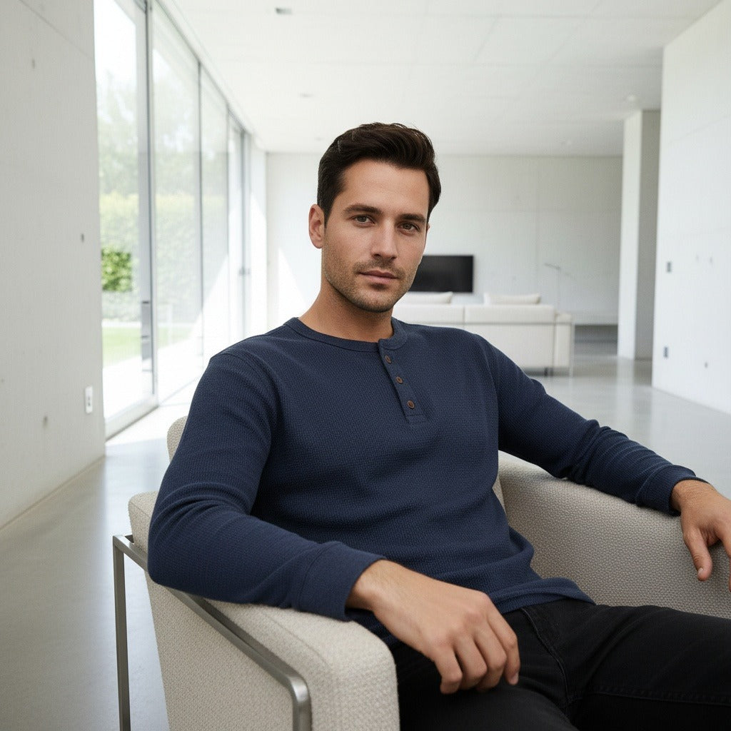 Navy Henley T Shirt - Navy - Side Profile