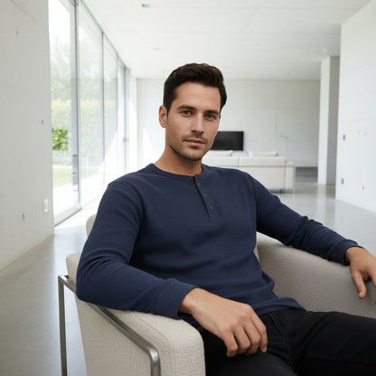 Navy Henley T Shirt - Navy - Side Profile