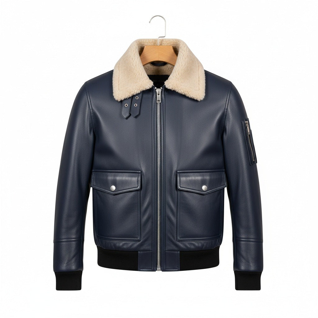 Navy Leather Aviator Jacket - Navy - Front View