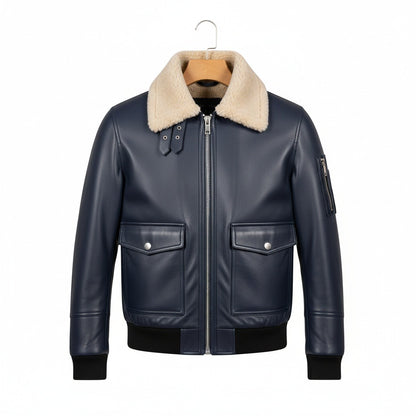 Navy Leather Aviator Jacket - Navy - Front View