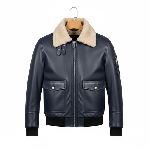 Navy Leather Aviator Jacket - Navy - Front View