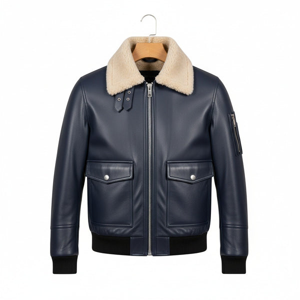 Navy Leather Aviator Jacket - Navy - Front View