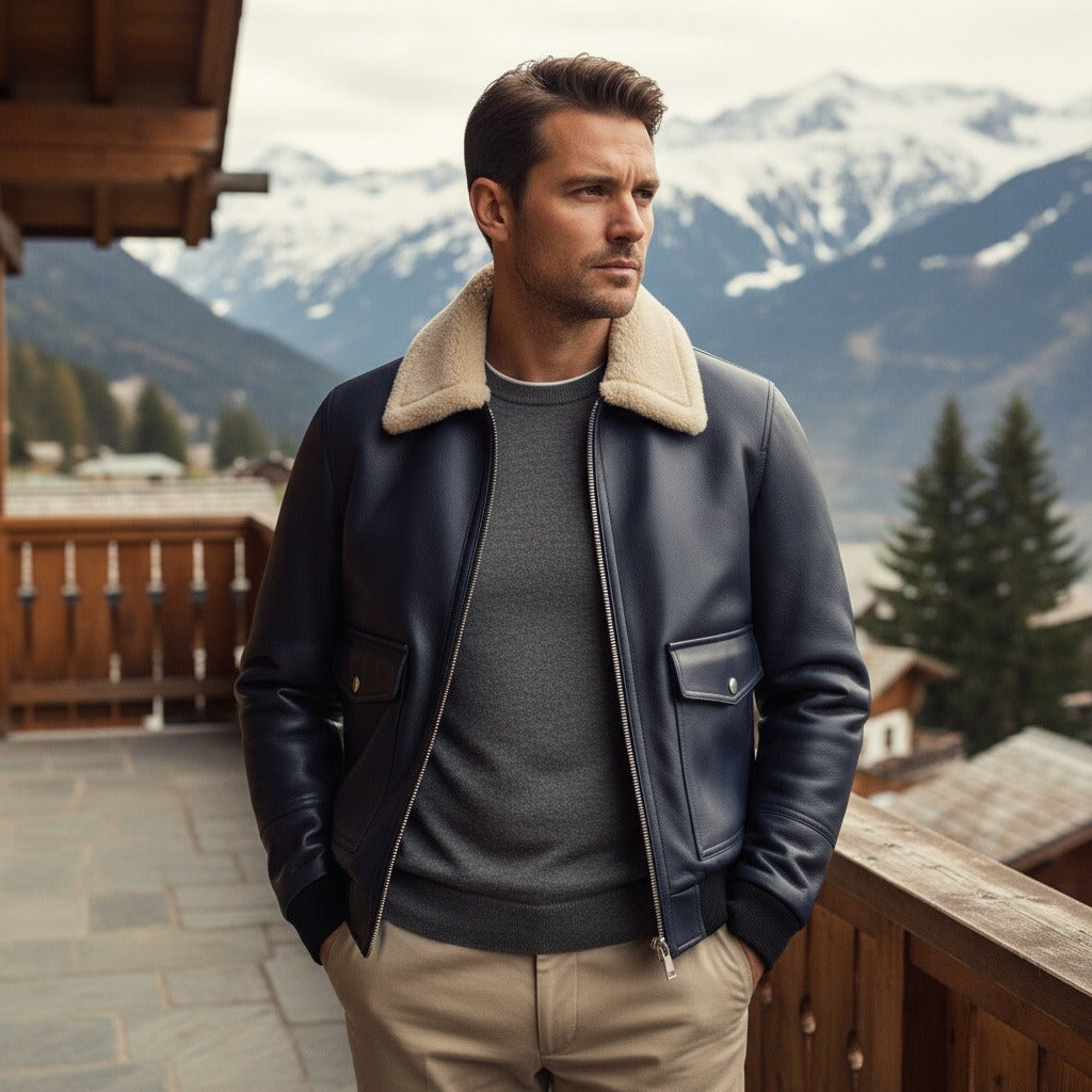 Navy Leather Aviator Jacket - Navy - Angled Shot