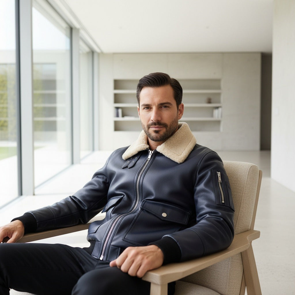 Navy Leather Aviator Jacket - Navy - Side Profile