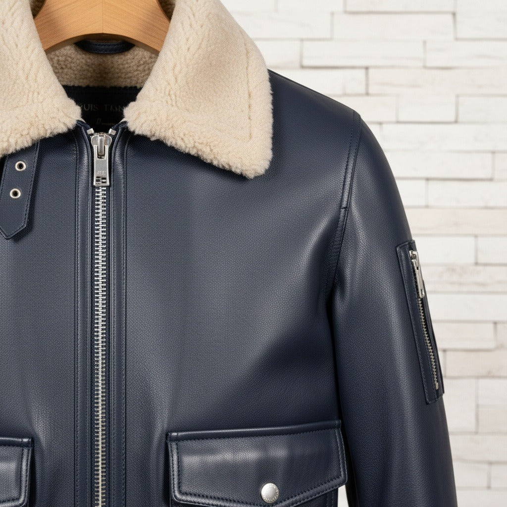 Navy Leather Aviator Jacket - Navy - Back View